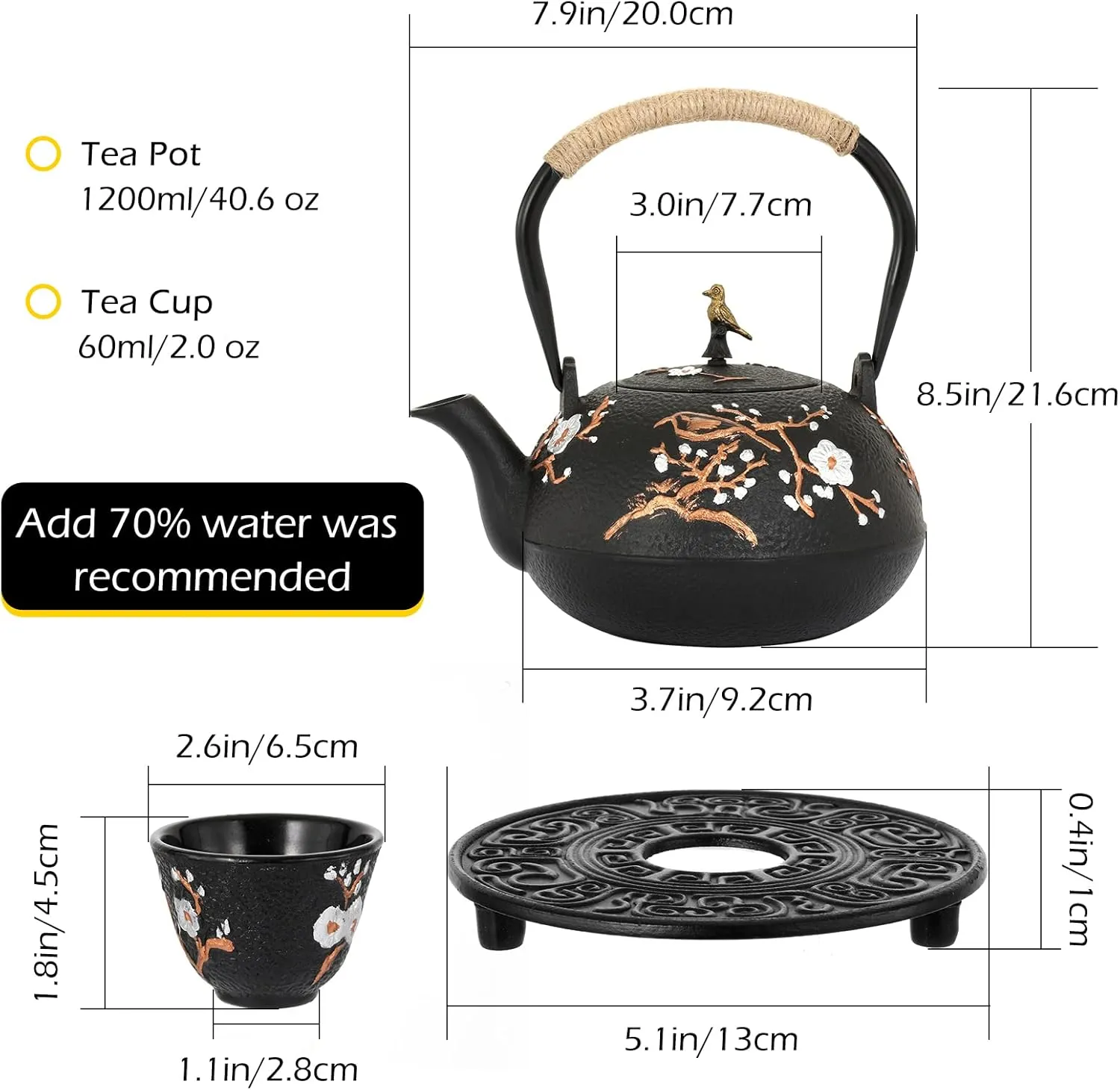 Dyna-Living Cast Iron Teapot Set 1200ml/40.6oz Cast Iron Tea Kettle with Infuser for Stovetop Japanese Style Tea Pot Set with 4 Tea Cups Home Use Japanese Teapot Cast Iron for Festivals Gifts