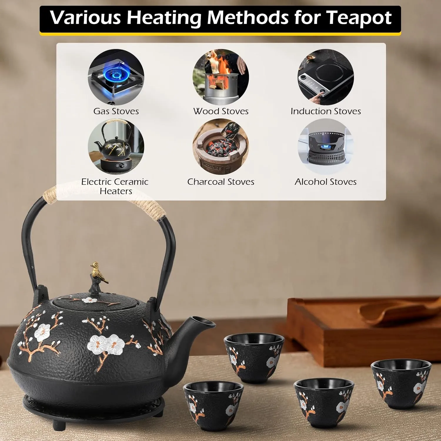 Dyna-Living Cast Iron Teapot Set 1200ml/40.6oz Cast Iron Tea Kettle with Infuser for Stovetop Japanese Style Tea Pot Set with 4 Tea Cups Home Use Japanese Teapot Cast Iron for Festivals Gifts