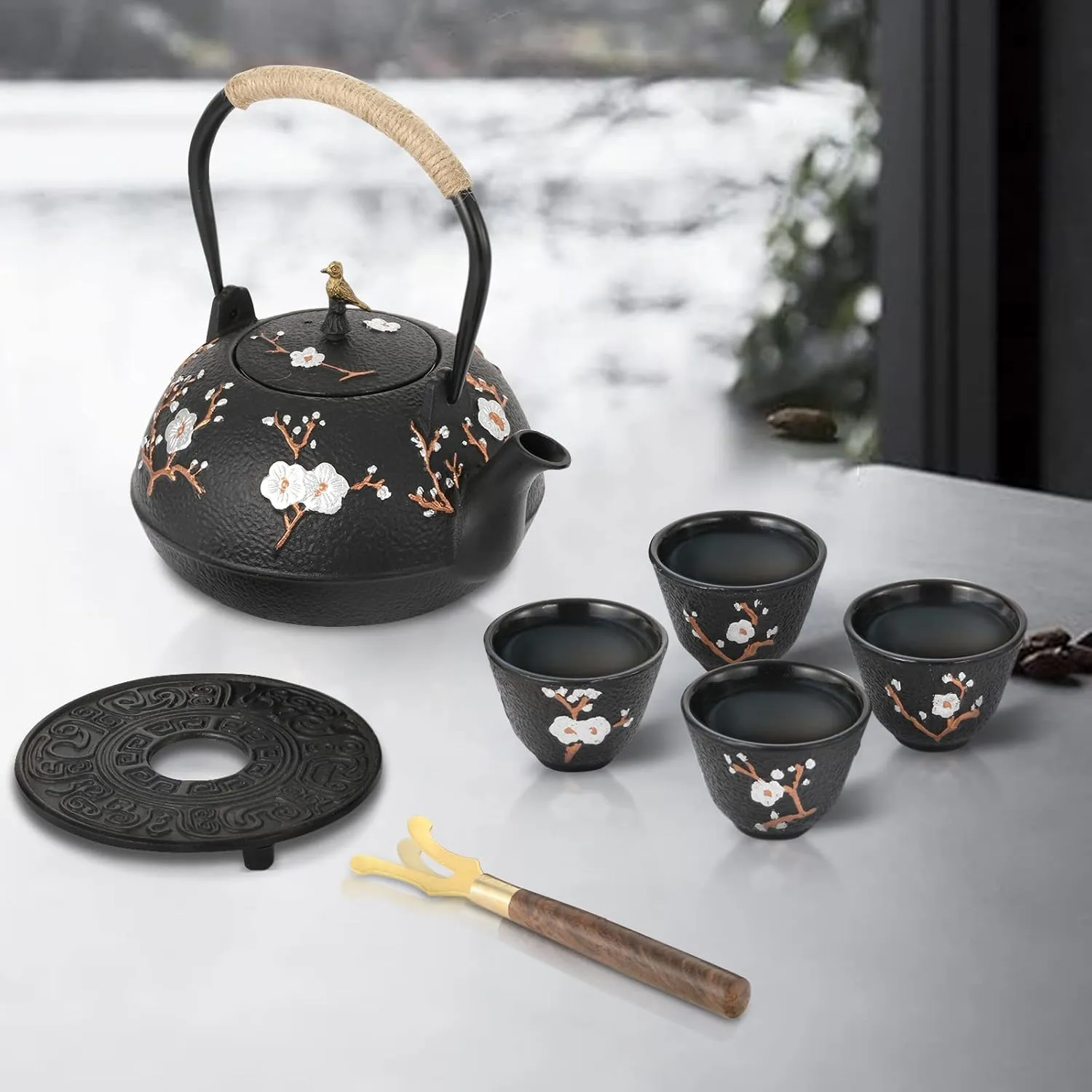 Dyna-Living Cast Iron Teapot Set 1200ml/40.6oz Cast Iron Tea Kettle with Infuser for Stovetop Japanese Style Tea Pot Set with 4 Tea Cups Home Use Japanese Teapot Cast Iron for Festivals Gifts
