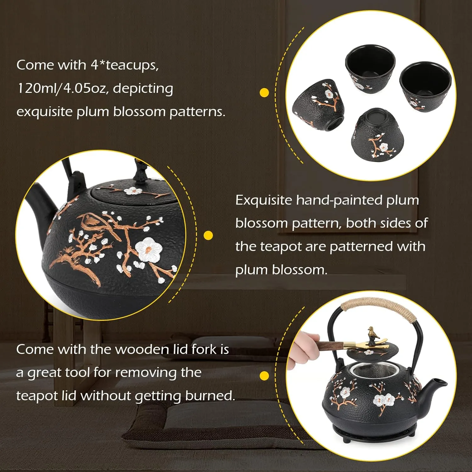 Dyna-Living Cast Iron Teapot Set 1200ml/40.6oz Cast Iron Tea Kettle with Infuser for Stovetop Japanese Style Tea Pot Set with 4 Tea Cups Home Use Japanese Teapot Cast Iron for Festivals Gifts