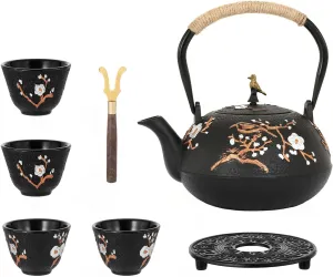 Dyna-Living Cast Iron Teapot Set 1200ml/40.6oz Cast Iron Tea Kettle with Infuser for Stovetop Japanese Style Tea Pot Set with 4 Tea Cups Home Use Japanese Teapot Cast Iron for Festivals Gifts
