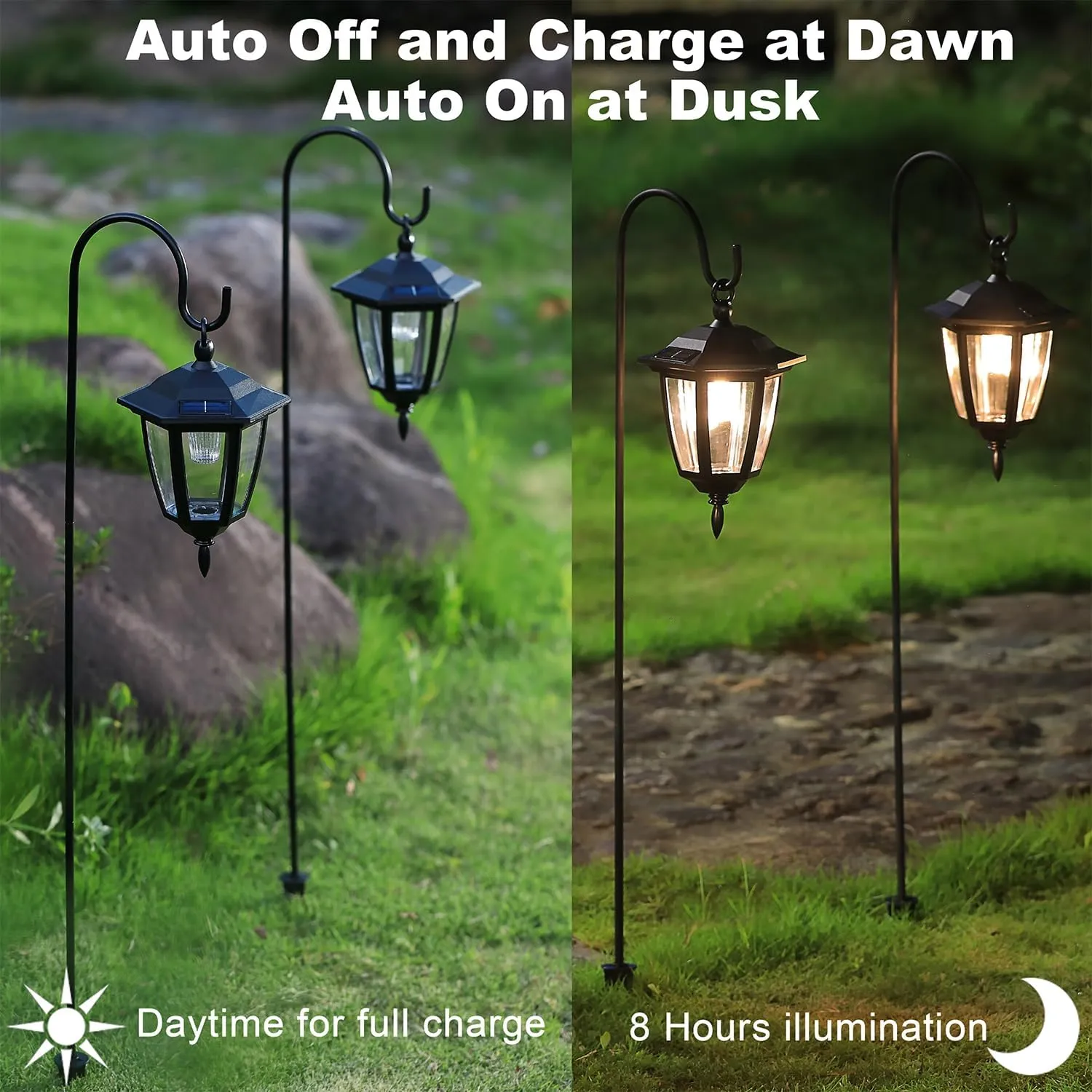Dynaming 4 Pack Solar Hanging Lights Outdoor, Solar Powered Garden Decorative Lanterns with 4 x 38 Inch Shepherd Hooks, Waterproof Landscape Lighting for Lawn Patio Yard Pathway Driveway, Warm White