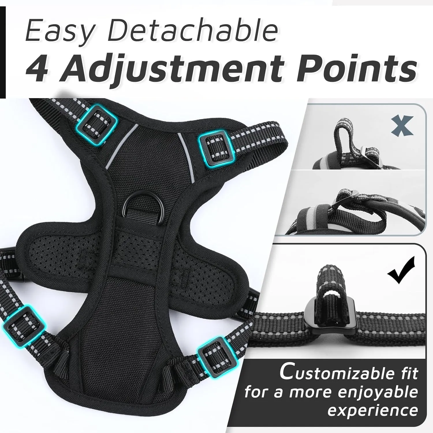 Eagloo Small Dog Harness No Pull, Service Vest with Reflective Strips and Control Handle, Adjustable and Comfortable for Easy Walking, No Choke Pet Harness with 2 Metal Rings, Black, XS