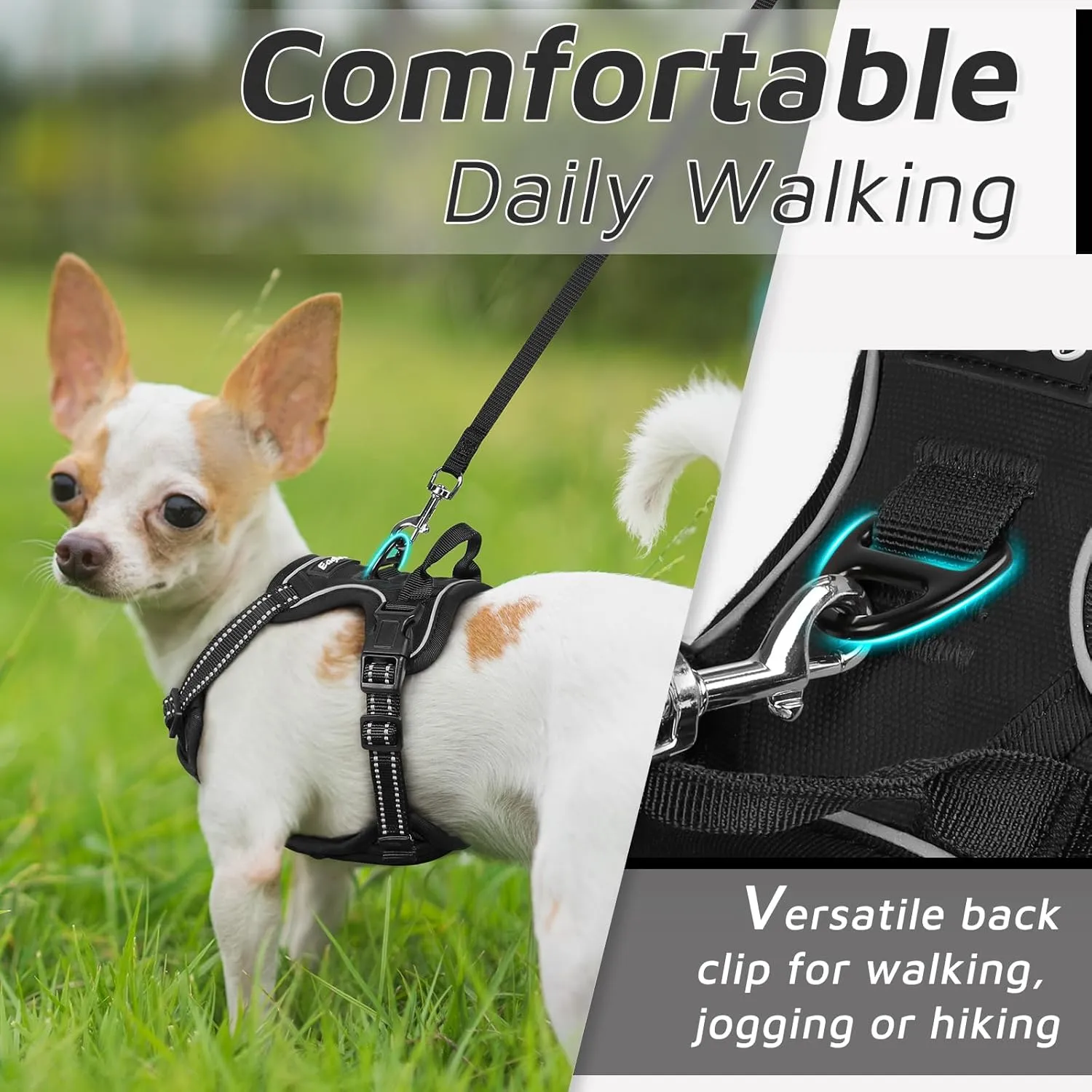Eagloo Small Dog Harness No Pull, Service Vest with Reflective Strips and Control Handle, Adjustable and Comfortable for Easy Walking, No Choke Pet Harness with 2 Metal Rings, Black, XS