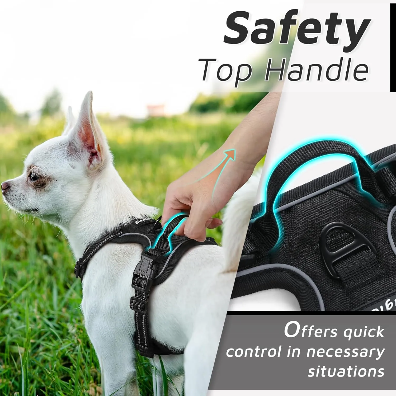 Eagloo Small Dog Harness No Pull, Service Vest with Reflective Strips and Control Handle, Adjustable and Comfortable for Easy Walking, No Choke Pet Harness with 2 Metal Rings, Black, XS