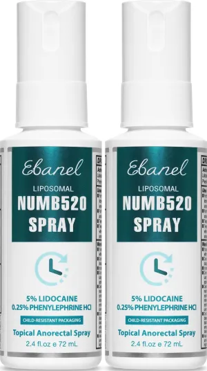 Ebanel 2-Pack 5% Lidocaine Spray Pain Relief Numb520 Burn Itch Relief Numbing Spray for Skin, Topical Anesthetic Postpartum Hemorrhoid Treatment with Phenylephrine for Local and Anorectal Uses