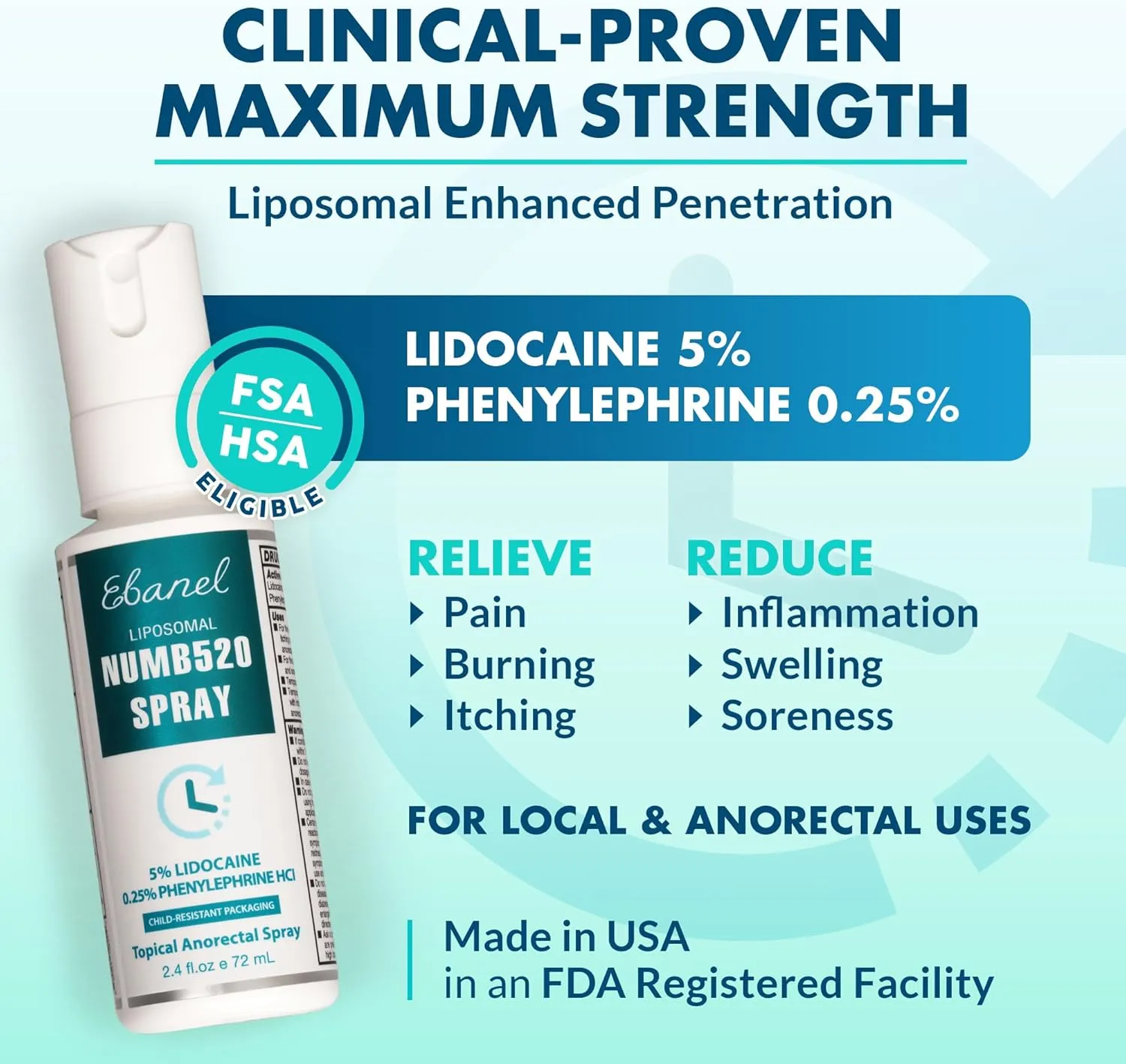 Ebanel 2-Pack 5% Lidocaine Spray Pain Relief Numb520 Burn Itch Relief Numbing Spray for Skin, Topical Anesthetic Postpartum Hemorrhoid Treatment with Phenylephrine for Local and Anorectal Uses