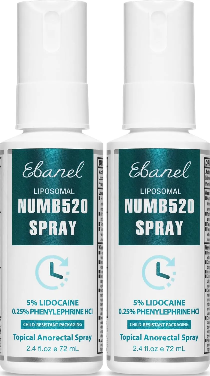 Ebanel 2-Pack 5% Lidocaine Spray Pain Relief Numb520 Burn Itch Relief Numbing Spray for Skin, Topical Anesthetic Postpartum Hemorrhoid Treatment with Phenylephrine for Local and Anorectal Uses