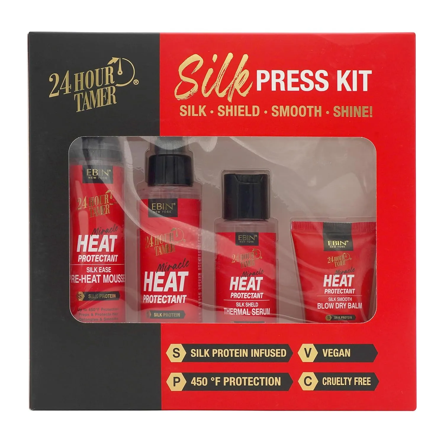 EBIN NEW YORK 24Hour Tamer Heat Styling Kit Hair Protection & Styling Set Spray, Mousse, Balm & Thermal Serum Frizz Control, Shine & Damage Prevention