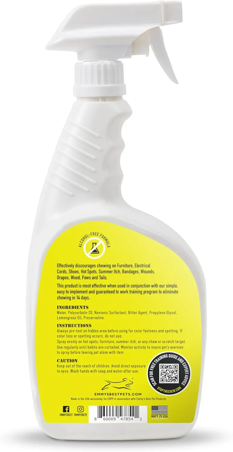 EBPP Stop the Chew 3X Strength Anti Chew Spray for Dogs - No Chew Spray for Puppies - Alcohol Free Dog Deterrent Spray - Bitter Spray for Dogs to Stop Chewing - Powerful No Chew Spray for Dogs - 32oz