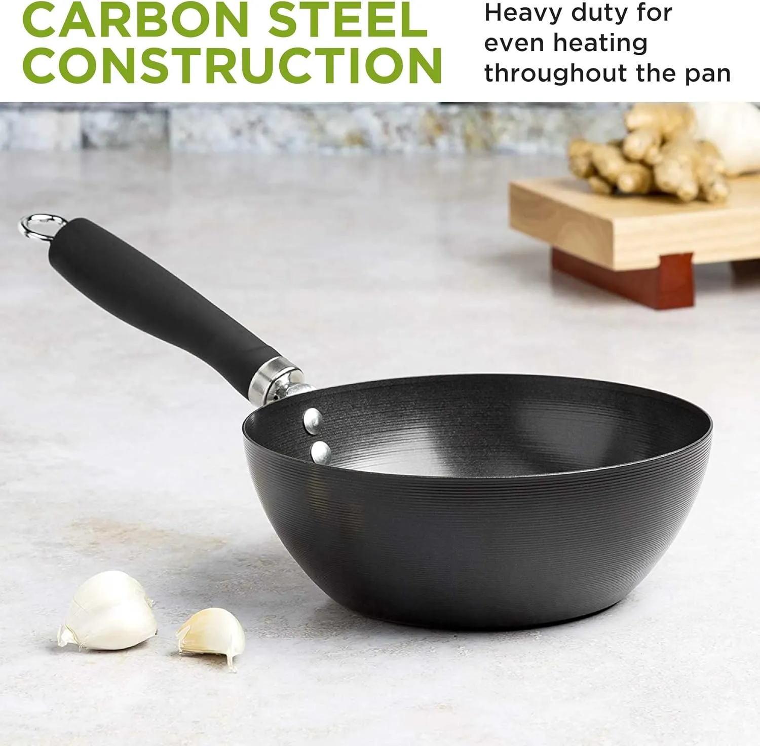Ecolution Non-Stick Carbon Steel Wok with Soft Touch Riveted Handle, 8",Black