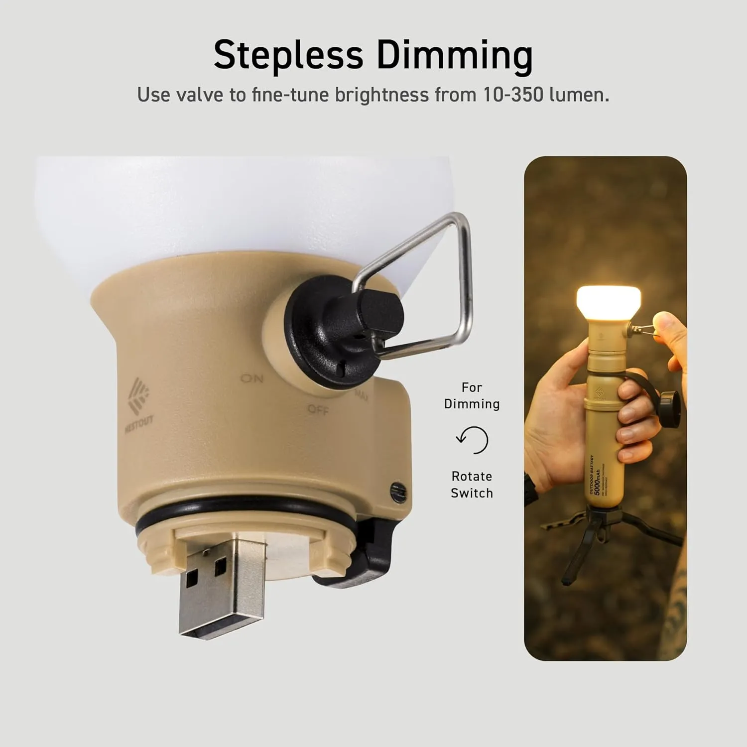 ELECOM NESTOUT Outdoor Camping LED Lantern w/ Mini Tripod, Dimmable USB Powered Soft LED Light, IP44 Water Dust Resistant, 10-350 Lumen, Portable Lamp for NESTOUT Power Bank, Beige (LAMP-1)