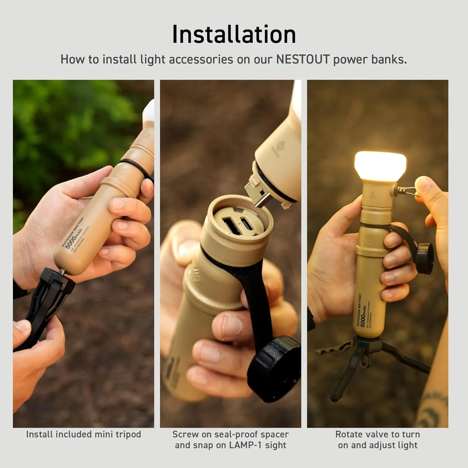 ELECOM NESTOUT Outdoor Camping LED Lantern w/ Mini Tripod, Dimmable USB Powered Soft LED Light, IP44 Water Dust Resistant, 10-350 Lumen, Portable Lamp for NESTOUT Power Bank, Beige (LAMP-1)