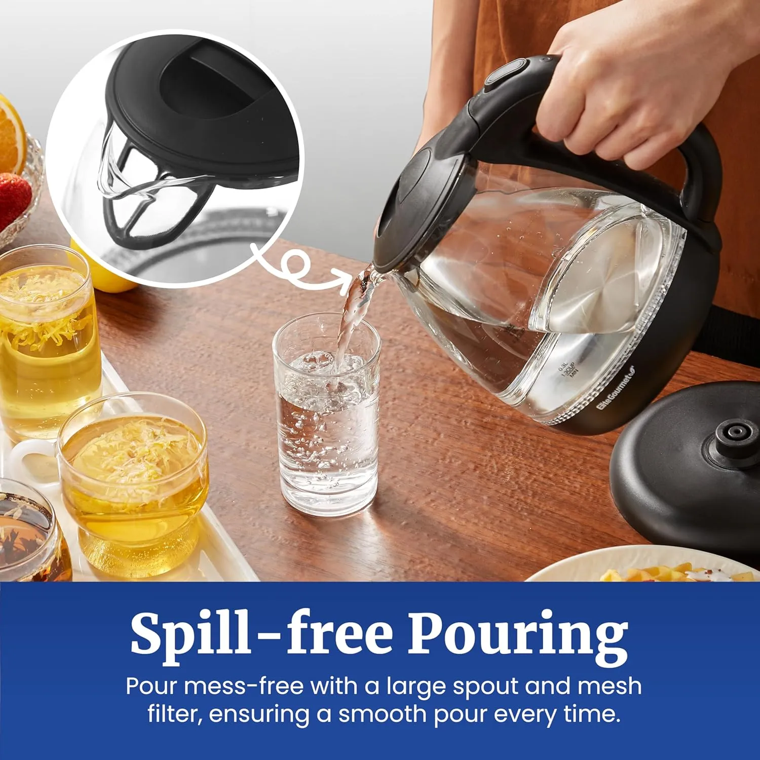 Elite Gourmet EKT1001B Electric 1.0L BPA-Free 1100W Glass Kettle Cordless 360° Base, Stylish Blue LED Interior, Handy Auto Shut-Off Function – Quickly Boil Water For Tea & More, Graphite Black