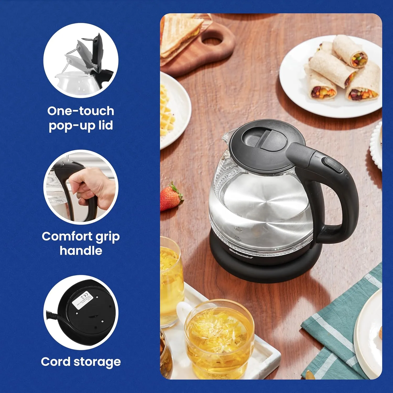 Elite Gourmet EKT1001B Electric 1.0L BPA-Free 1100W Glass Kettle Cordless 360° Base, Stylish Blue LED Interior, Handy Auto Shut-Off Function – Quickly Boil Water For Tea & More, Graphite Black