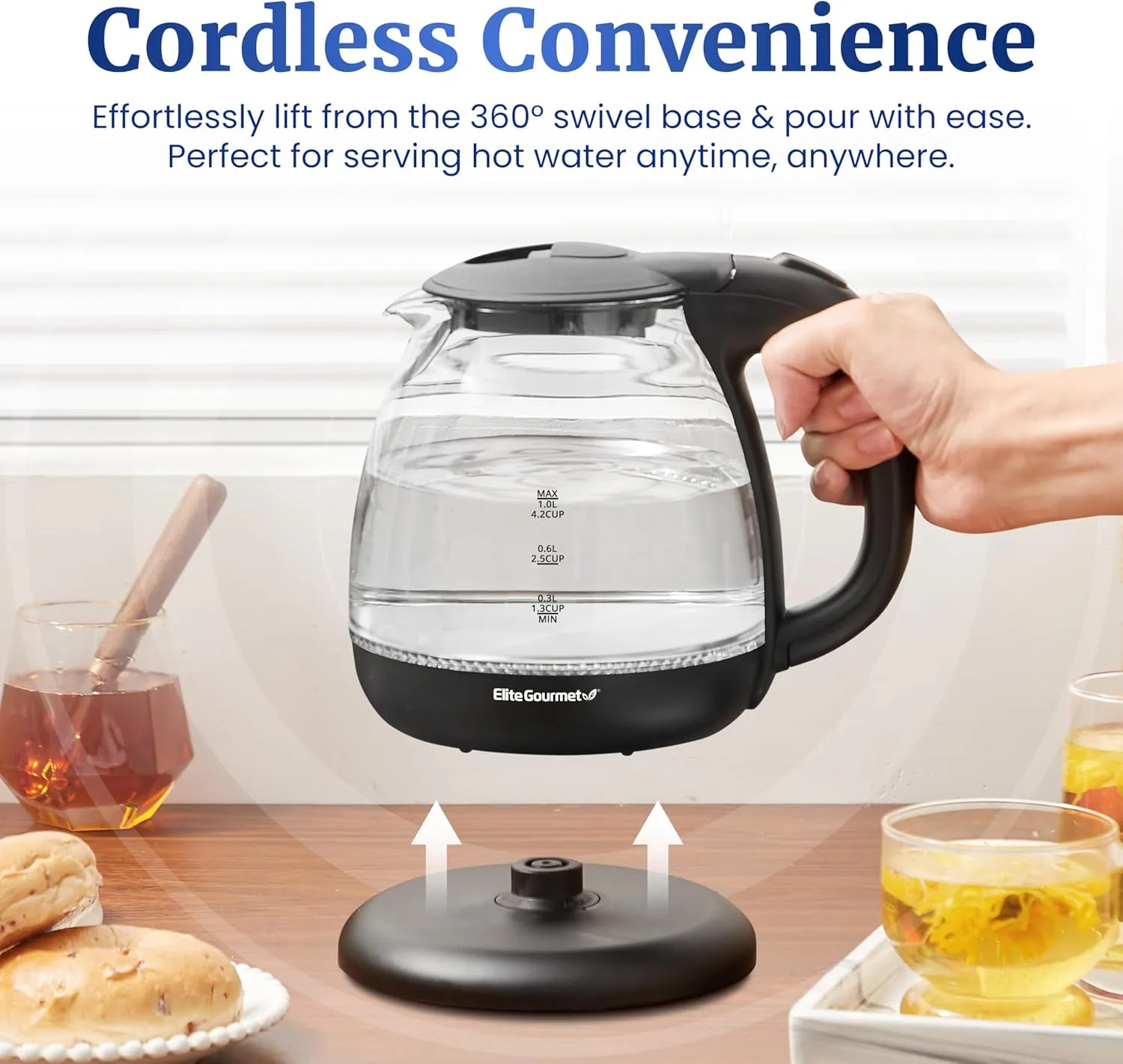 Elite Gourmet EKT1001B Electric 1.0L BPA-Free 1100W Glass Kettle Cordless 360° Base, Stylish Blue LED Interior, Handy Auto Shut-Off Function – Quickly Boil Water For Tea & More, Graphite Black