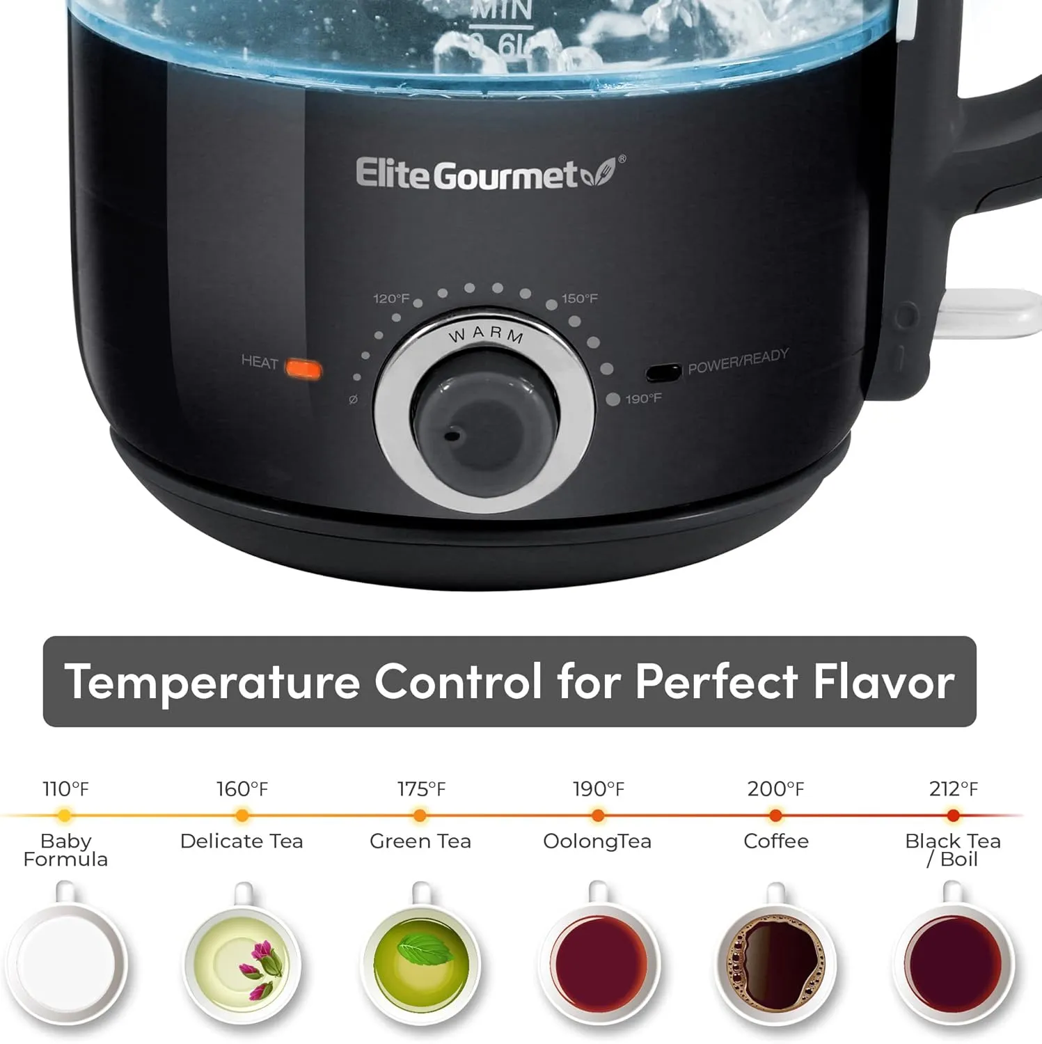 Elite Gourmet EKT1220B 1.2L Electric BPA-Free 1200W Glass Kettle, Temperature Dial Keep Warm Function, Cordless 360° Base, Blue LED Interior, Auto Shut-Off Function – Quick Boil, Black