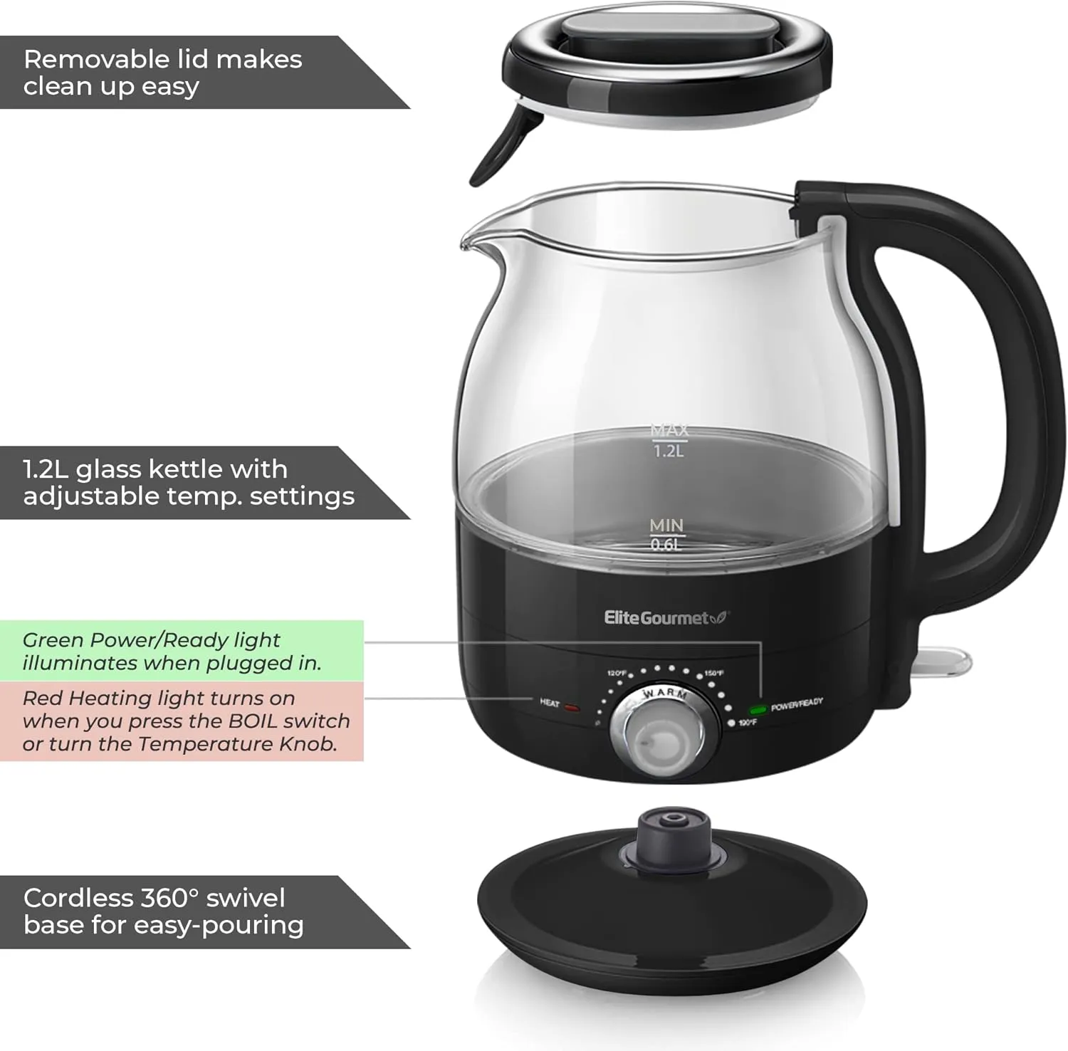 Elite Gourmet EKT1220B 1.2L Electric BPA-Free 1200W Glass Kettle, Temperature Dial Keep Warm Function, Cordless 360° Base, Blue LED Interior, Auto Shut-Off Function – Quick Boil, Black