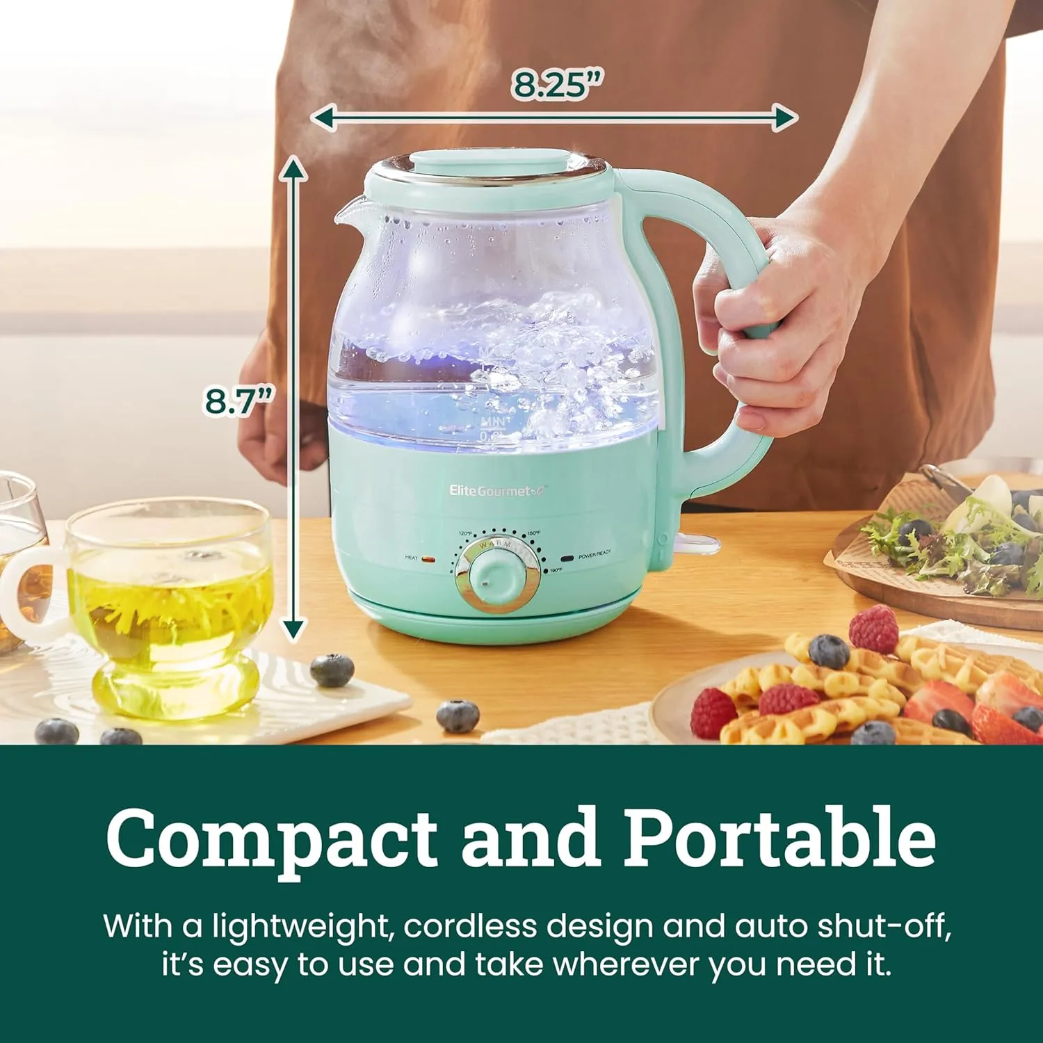 Elite Gourmet EKT1220M 1.2L Electric BPA-Free 1200W Glass Kettle, Temperature Dial Keep Warm Function, Cordless 360° Base, Blue LED Interior, Auto Shut-Off Function – Quick Boil, Mint