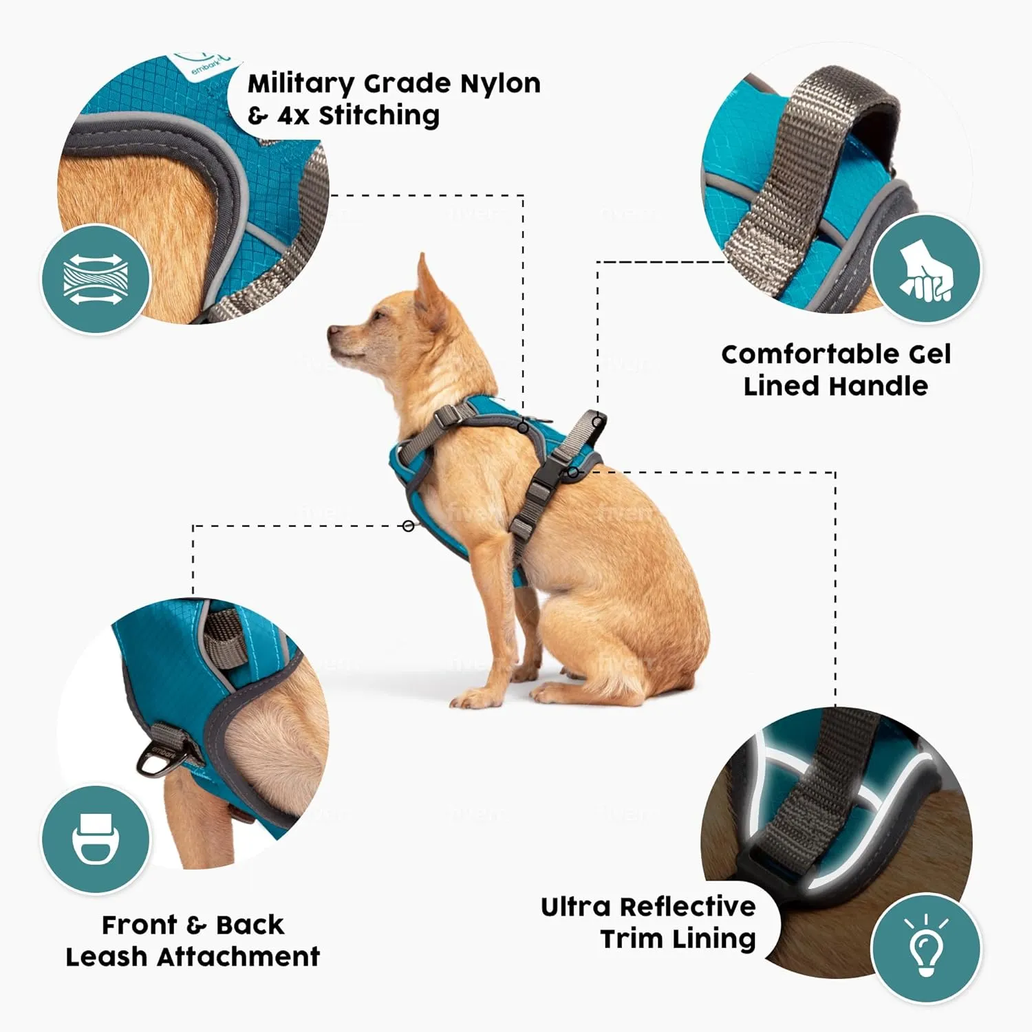 Embark Adventure Dog Harness, Reflective Trim No Pull Dog Harness Medium Sized Dogs - Military Grade Nylon, Front Clip with Gel Lined Handle.