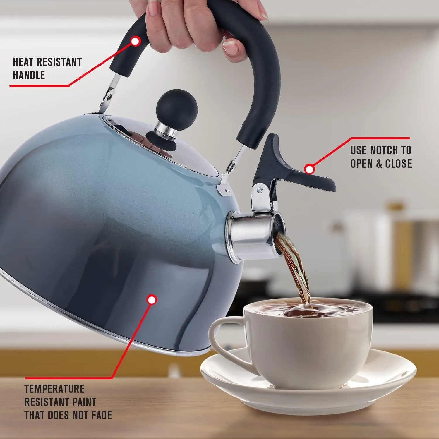 Emeril Lagasse 2.6 Quart/2.5 Liter Whistling Tea Kettle, Stainless Steel Tea Pot for Induction Stove Top, Fast to Boil Water for Home Kitchen Condo, with Ergonomic Cool Folding Grip Handle, Black Comb