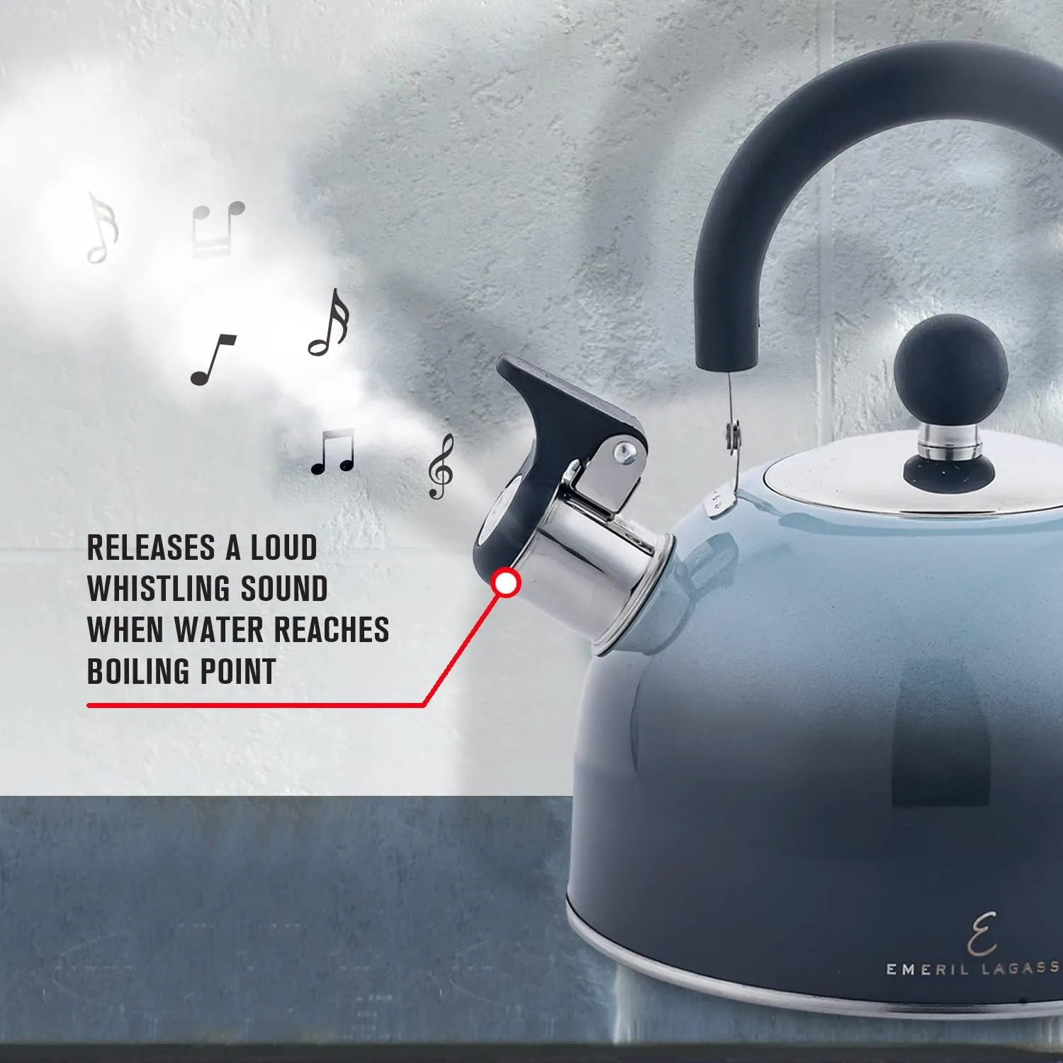 Emeril Lagasse 2.6 Quart/2.5 Liter Whistling Tea Kettle, Stainless Steel Tea Pot for Induction Stove Top, Fast to Boil Water for Home Kitchen Condo, with Ergonomic Cool Folding Grip Handle, Black Comb