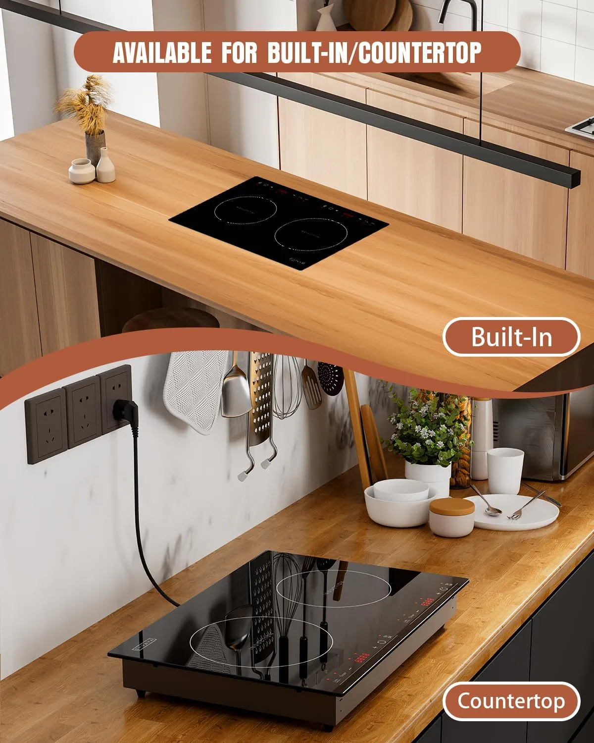 Empava 20.5" Double Elements Electric Stove 1800W Induction Cooktop with Two Separate Heating Zones, Timer, 9 Temperature and Power Levels, Kids Safety Lock, Touch Sensor Control Black