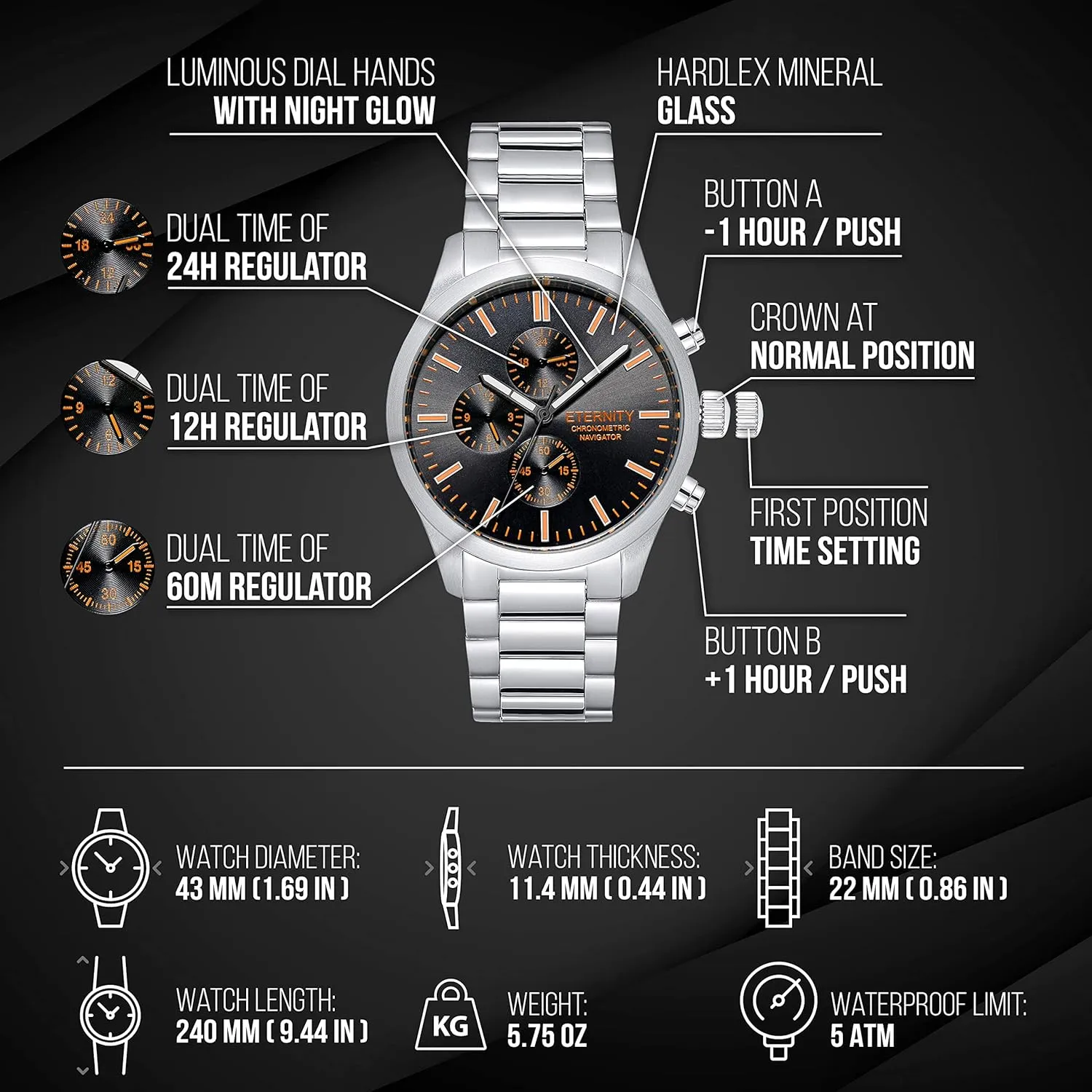engraved watch. Personalized multi function wrist watch, men's gifts, engraved back cover. (Silver/black dial)