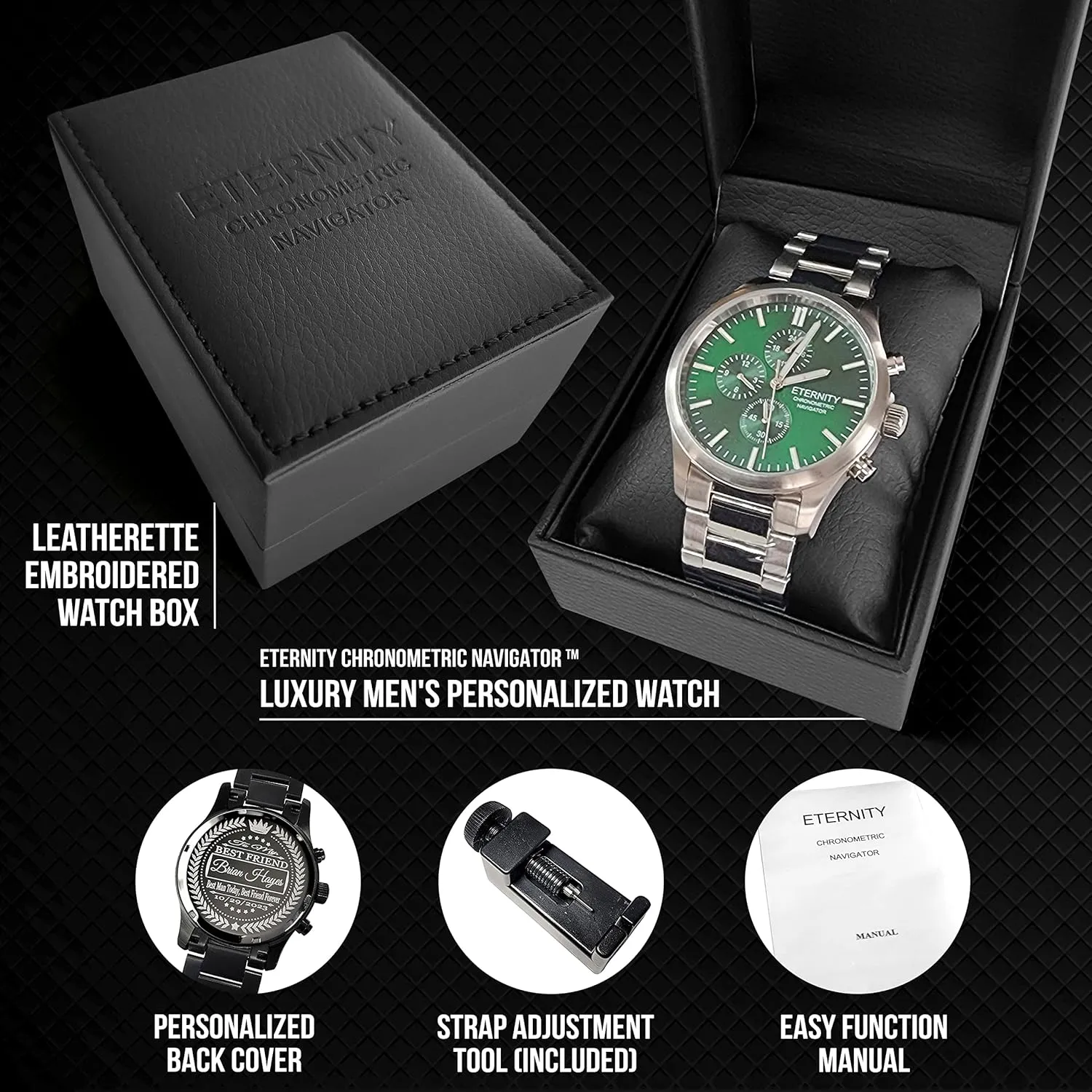 engraved watch. Personalized multi function wrist watch, men's gifts, engraved back cover. (Silver/black dial)
