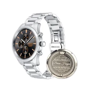 engraved watch. Personalized multi function wrist watch, men's gifts, engraved back cover. (Silver/black dial)