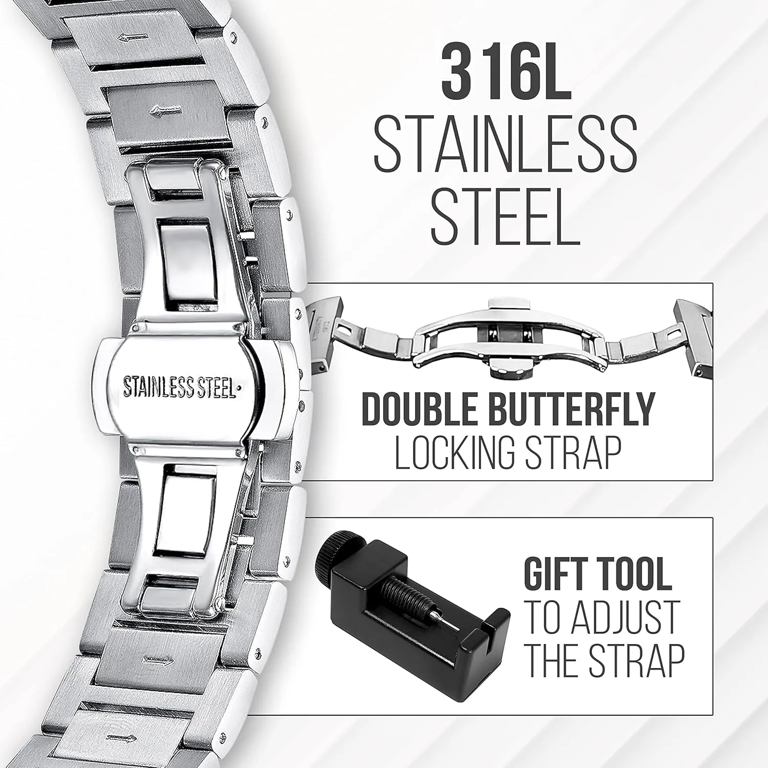 engraved watch. Personalized multi function wrist watch, men's gifts, engraved back cover. (Silver/black dial)