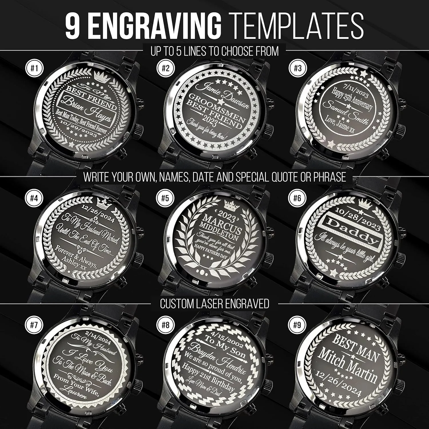 engraved watch. Personalized multi function wrist watch, men's gifts, engraved back cover. (Silver/black dial)