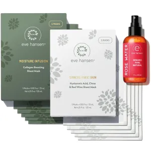 Eve Hansen Skincare Set: Rose Water Spray 4 oz, Collagen & Hyaluronic Face Mask Sheets 5x2– Hydrating, Soothing Care for All Skin Types – Set of 3 Products