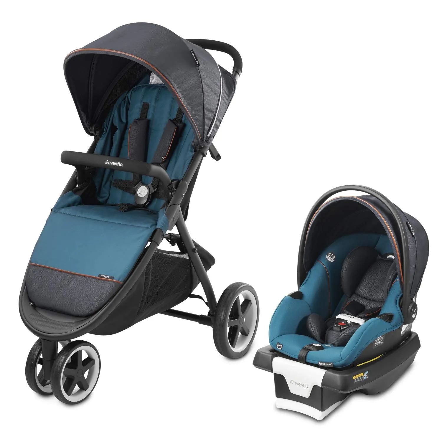 Evenflo Gold, Sensorsafe Verge3 Smart Travel System, Includes SecureMax Smart Infant Car Seat, 3-Wheel Jogging Stroller, SensorSafe Syncs Automatically with App, Fits Infants 4 to 35 Pounds, Sapphire