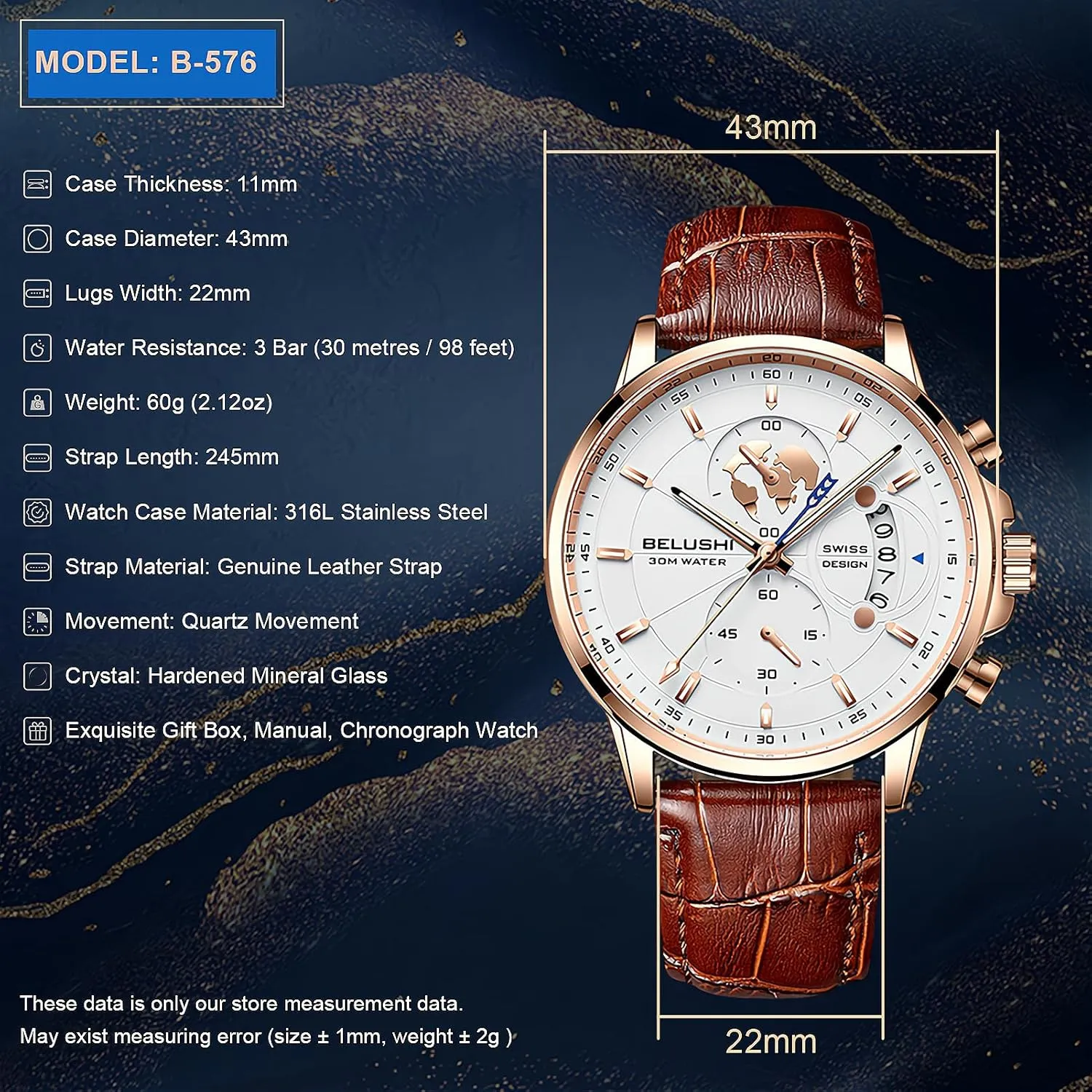eYotto Men's Luxury Chronograph Quartz Wrist Watch, Casual Dress Black Leather Band Calendar Date Analog Formal Business Waterproof Wristwatch, Fashion Gifts Luminous Dial Watches for Men