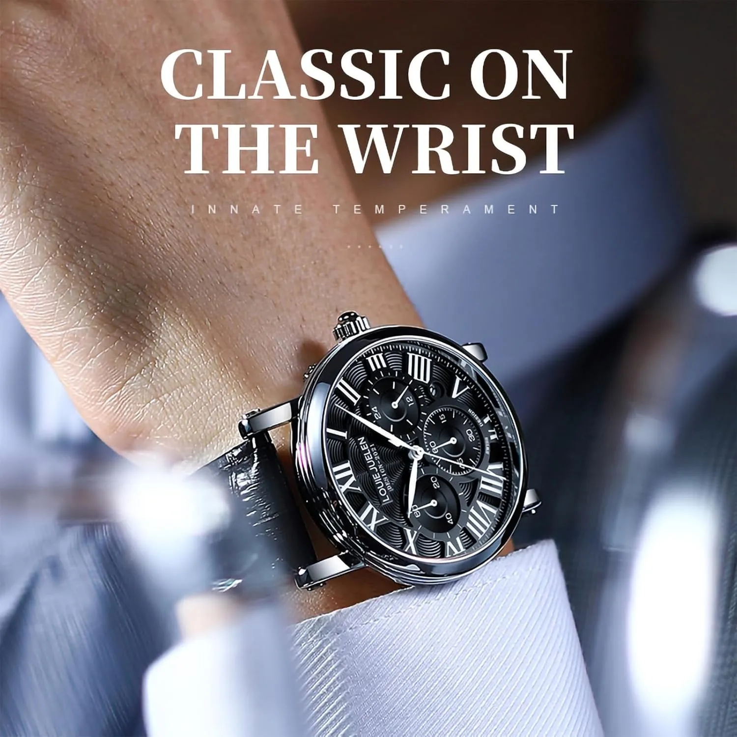 eYotto Men's Stylish Business Watch, Multifunction Quartz Movement Chronograph Roman Numerals Analog Calendar Date Waterproof Leather Band Wristwatch, Formal Casual Dress Gift Watch for Men