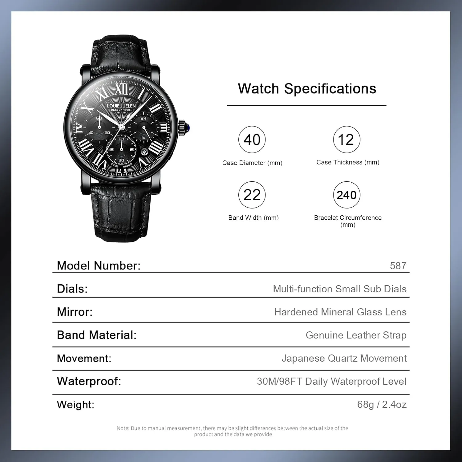 eYotto Men's Stylish Business Watch, Multifunction Quartz Movement Chronograph Roman Numerals Analog Calendar Date Waterproof Leather Band Wristwatch, Formal Casual Dress Gift Watch for Men