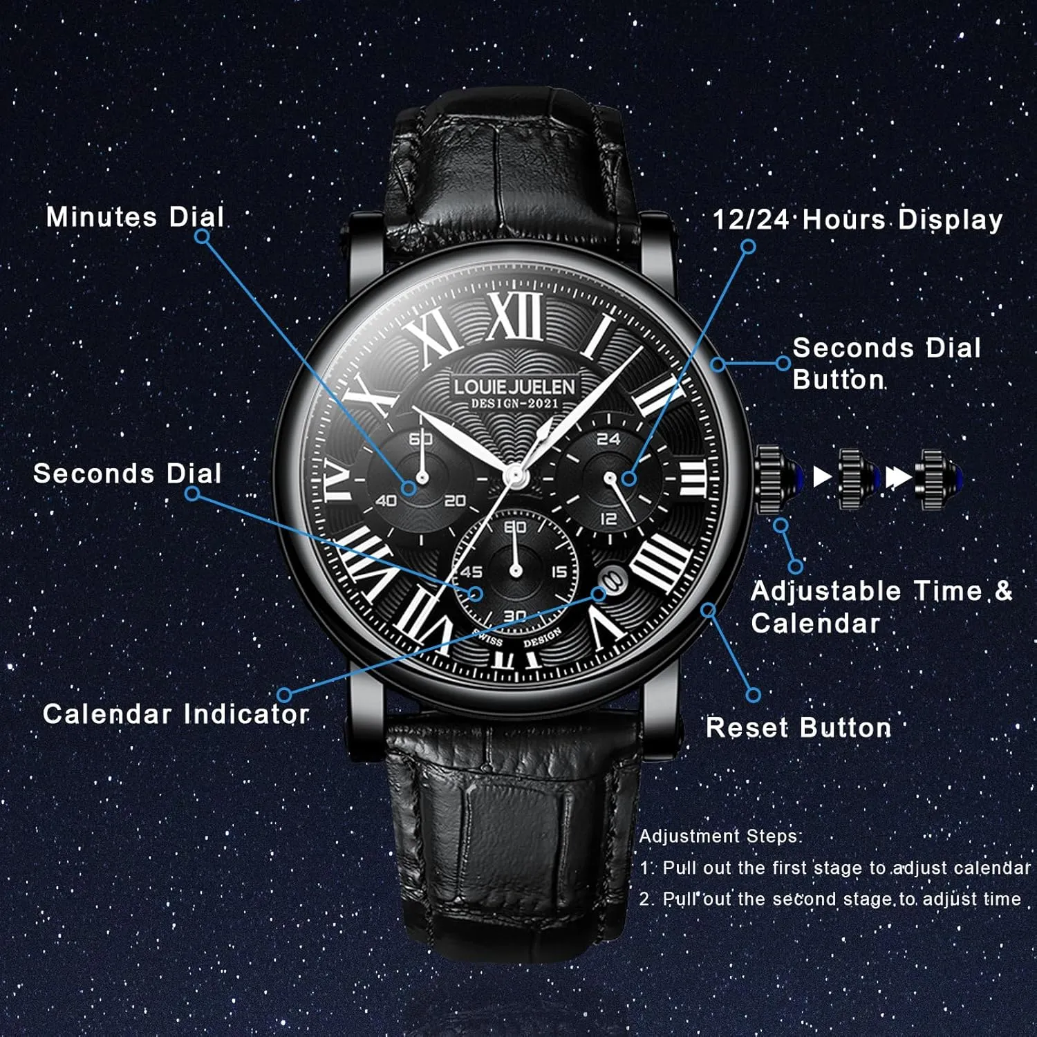 eYotto Men's Stylish Business Watch, Multifunction Quartz Movement Chronograph Roman Numerals Analog Calendar Date Waterproof Leather Band Wristwatch, Formal Casual Dress Gift Watch for Men