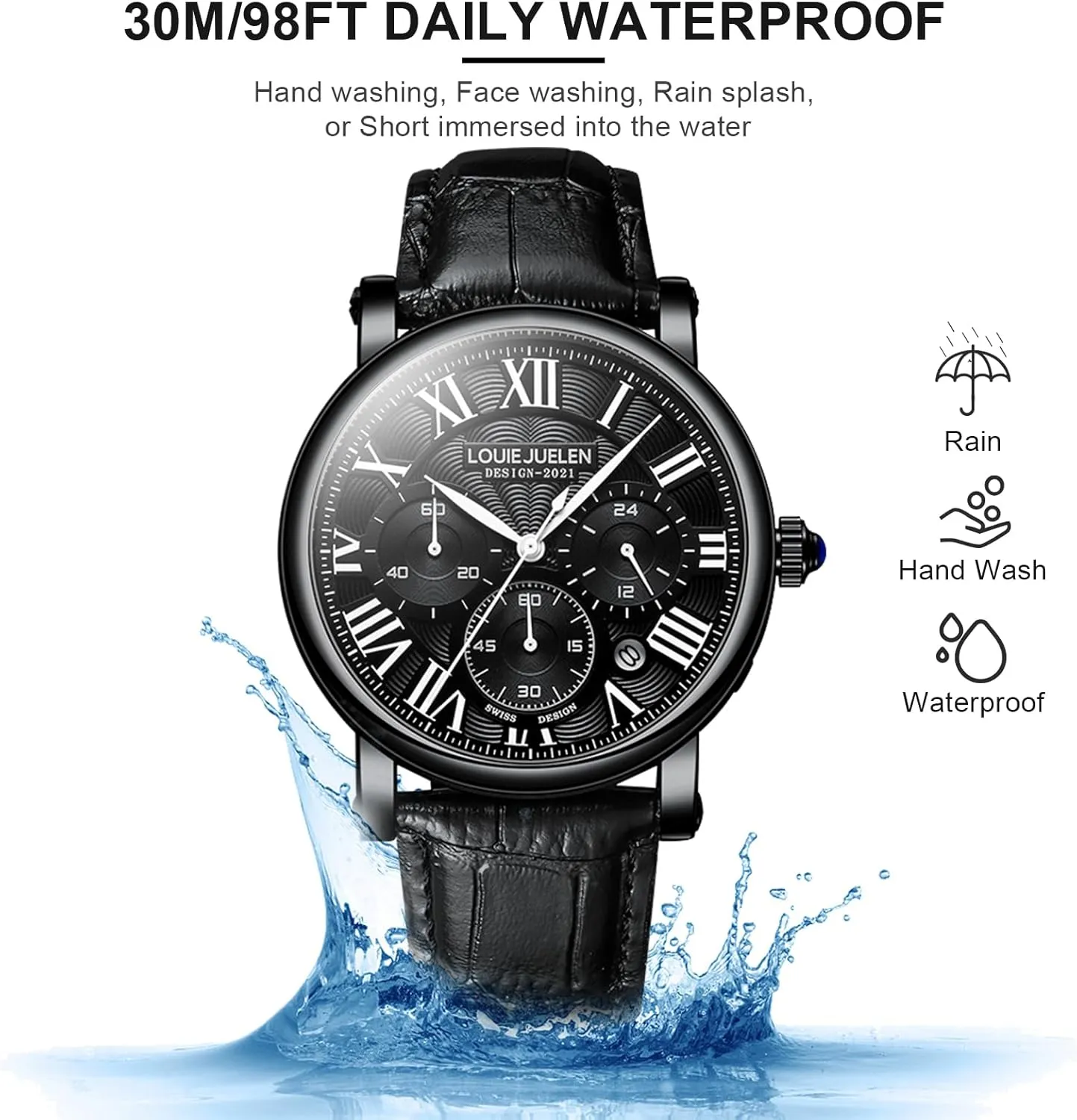 eYotto Men's Stylish Business Watch, Multifunction Quartz Movement Chronograph Roman Numerals Analog Calendar Date Waterproof Leather Band Wristwatch, Formal Casual Dress Gift Watch for Men