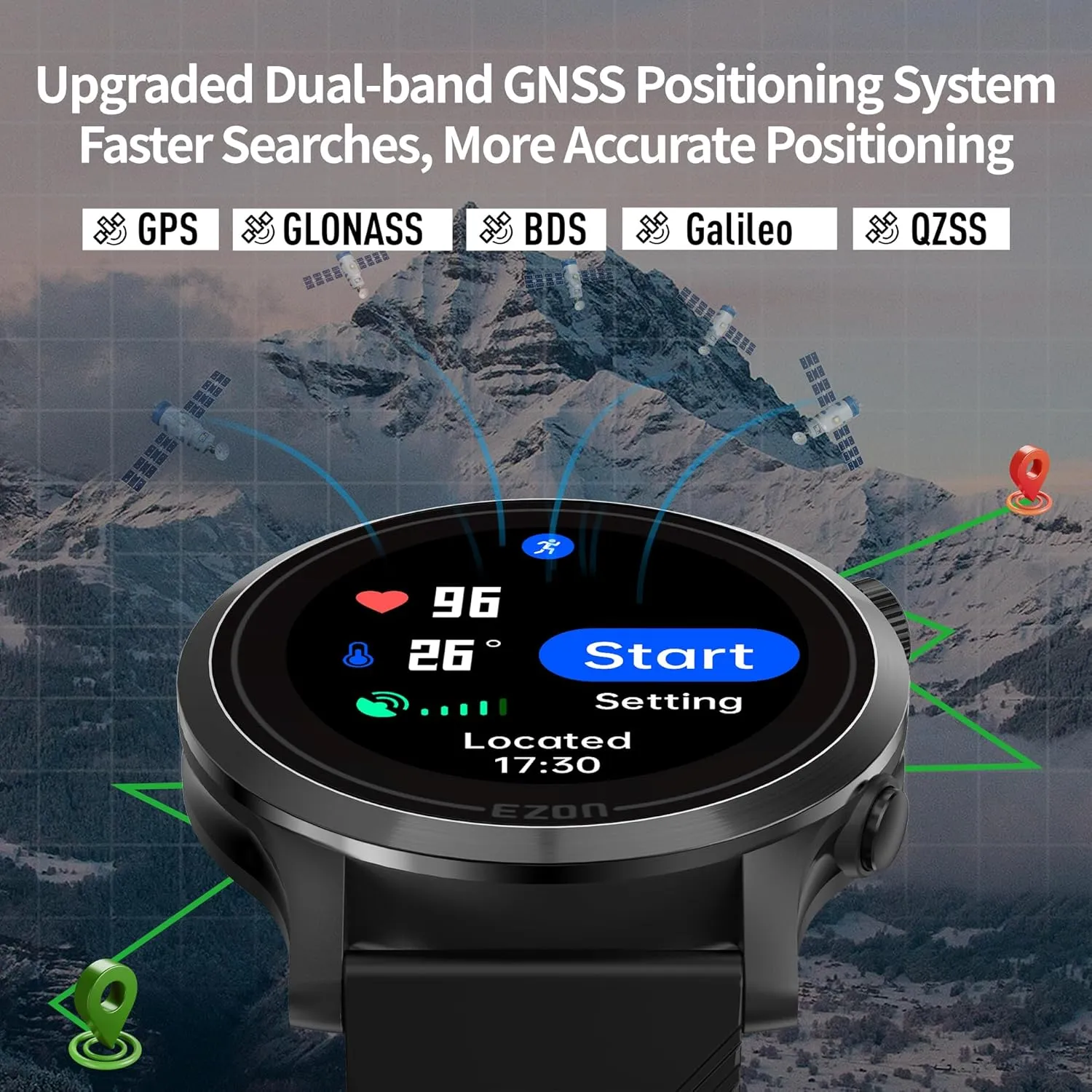 EZON R7 GPS Sports Watch,Optical Heart Rate Monitor,Dual-Band GNSS,20 Days Battery Life,28  Professional Sports Modes,Training Analysis, Lightweight Running Watch for Triathlon/Marathon/Trail Run/Swim