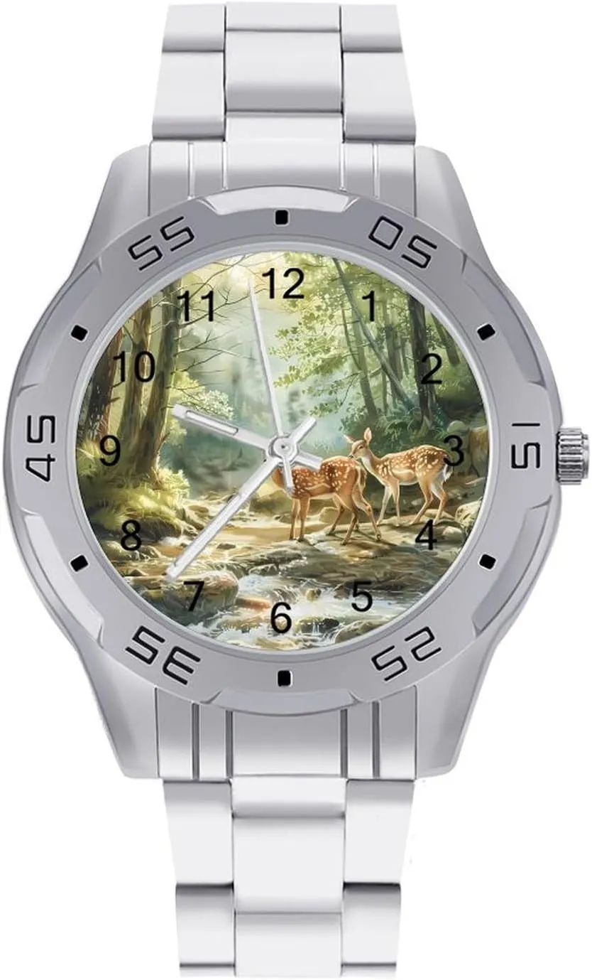 Fairytales Deer Fawn Forests Animal Simple Stainless Steel Band Business Watch Dress Wrist Unique Luxury Work Casual Waterproof Watches