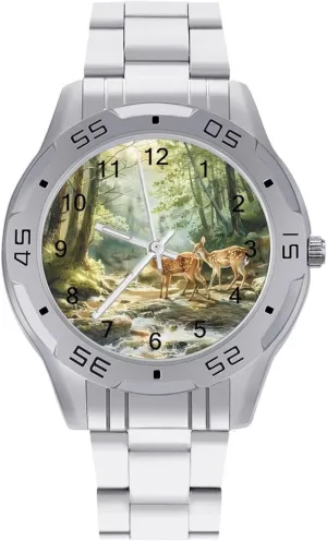 Fairytales Deer Fawn Forests Animal Simple Stainless Steel Band Business Watch Dress Wrist Unique Luxury Work Casual Waterproof Watches
