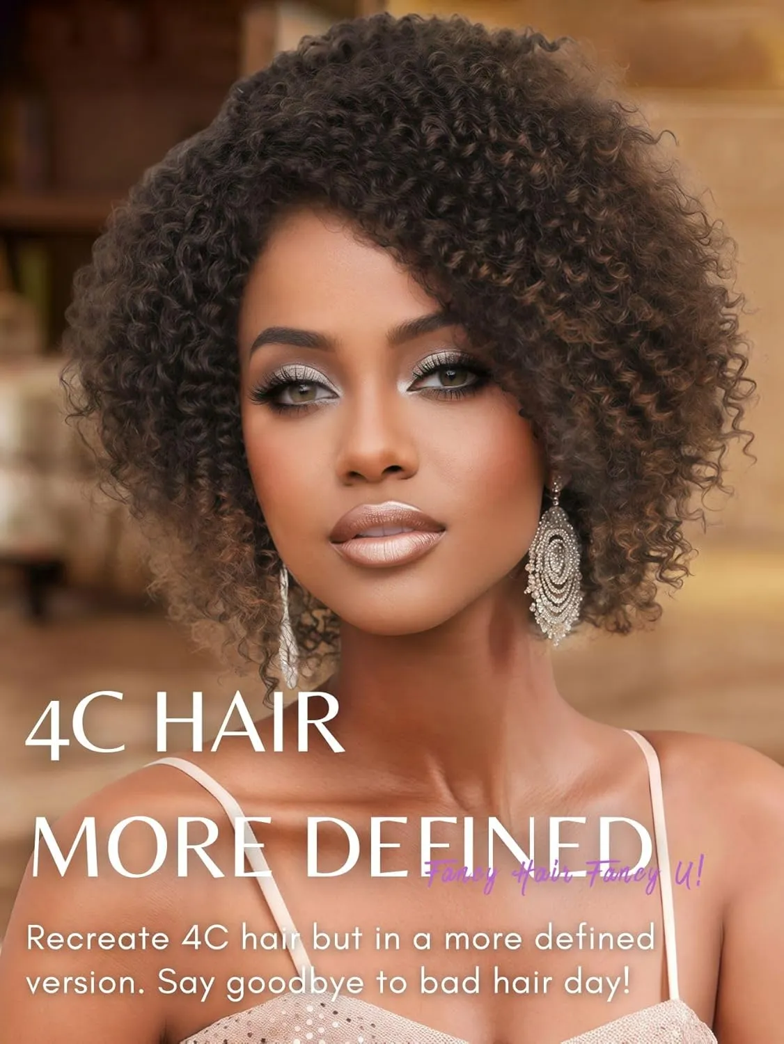 Fancy Hair Short Kinky Curly Wigs Ombre Brown Side Part Afro Wigs for Black Women Synthetic Yanky Twist Out Wig Natural Hairstyle for Daily Use (1B/30)