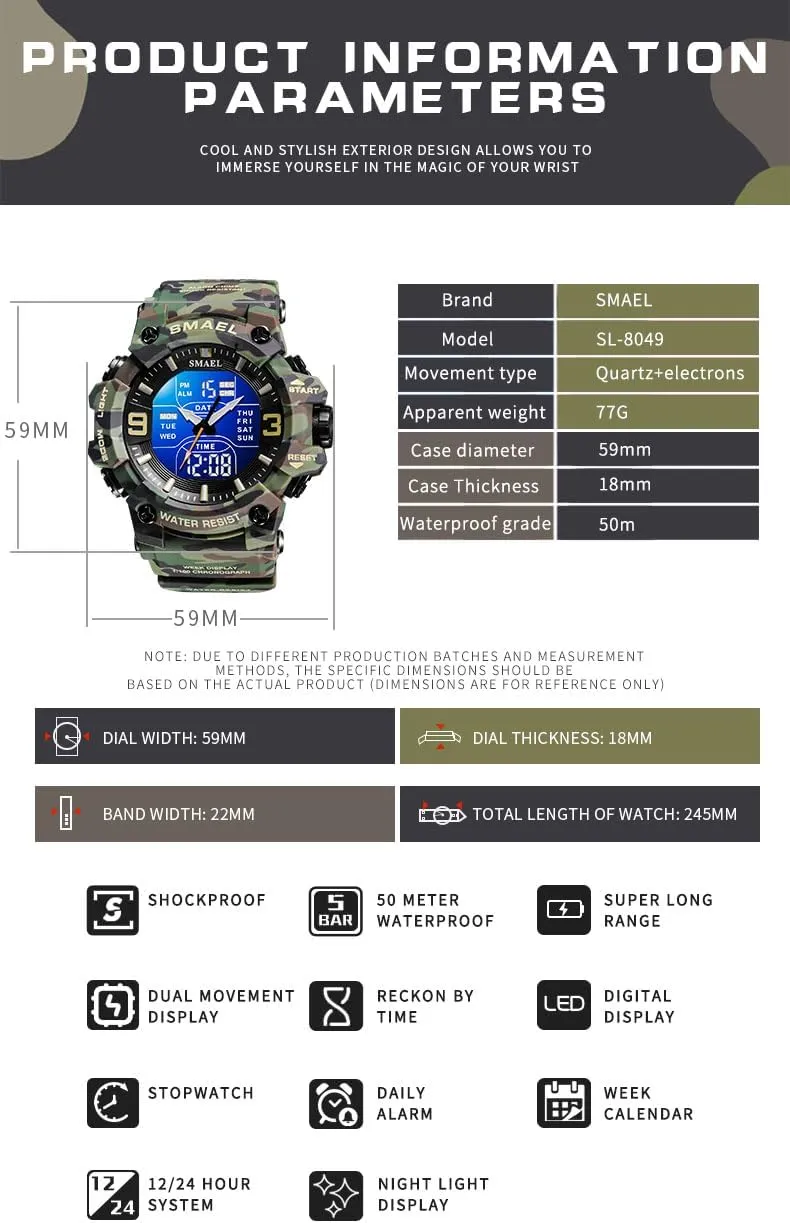 FANMIS Men's Analog Digital Outdoor Sports Watches Military Tactics Multi Function Watch LED Electronic Large Dual Display Watch Army Luminous Waterproof Wrsitwatch