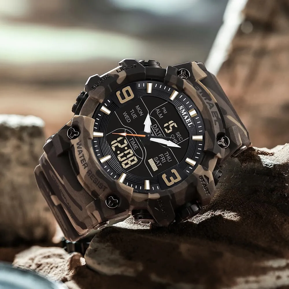 FANMIS Men's Analog Digital Outdoor Sports Watches Military Tactics Multi Function Watch LED Electronic Large Dual Display Watch Army Luminous Waterproof Wrsitwatch