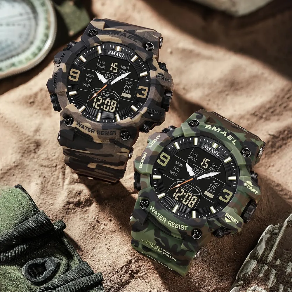 FANMIS Men's Analog Digital Outdoor Sports Watches Military Tactics Multi Function Watch LED Electronic Large Dual Display Watch Army Luminous Waterproof Wrsitwatch