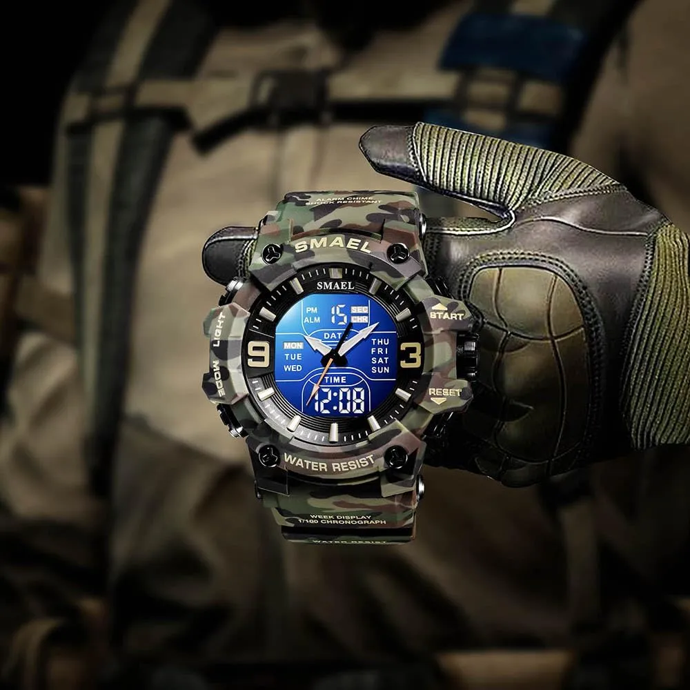 FANMIS Men's Analog Digital Outdoor Sports Watches Military Tactics Multi Function Watch LED Electronic Large Dual Display Watch Army Luminous Waterproof Wrsitwatch