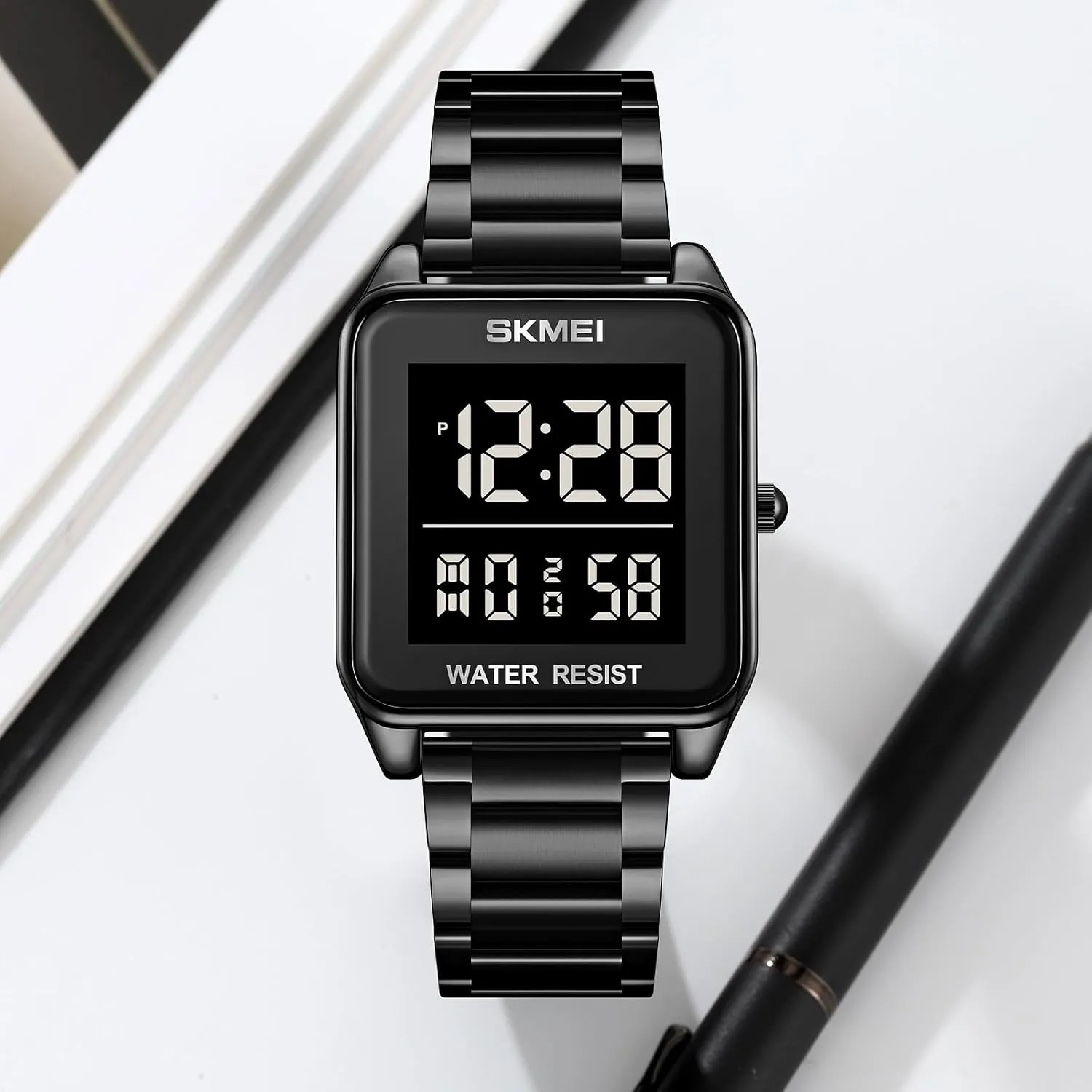 FANMIS Men's Electronic Square Digital Sports Watch Multifunctional Sports Waterproof Watch Classics Business Dress Watch LED Backlight Stainless Steel Student Watch
