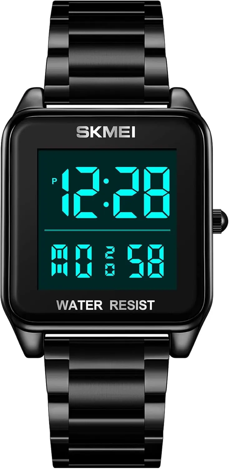 FANMIS Men's Electronic Square Digital Sports Watch Multifunctional Sports Waterproof Watch Classics Business Dress Watch LED Backlight Stainless Steel Student Watch