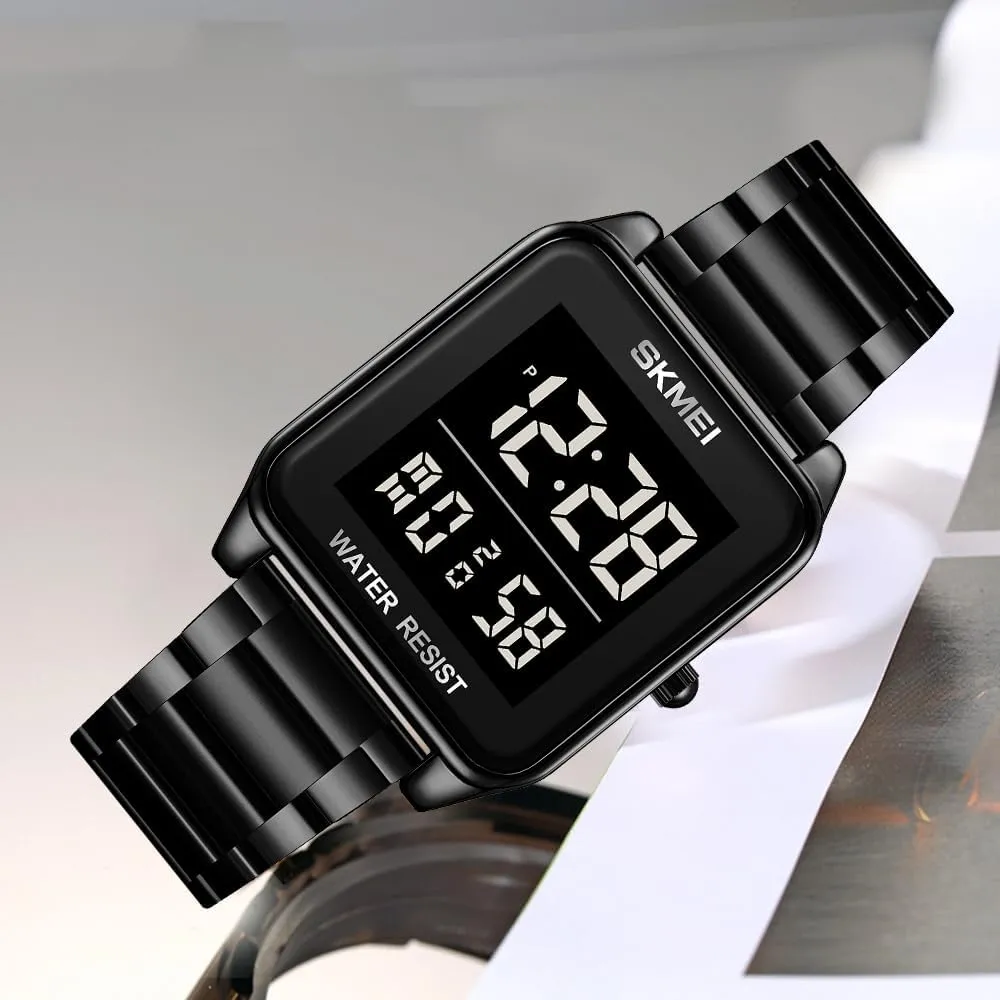 FANMIS Men's Electronic Square Digital Sports Watch Multifunctional Sports Waterproof Watch Classics Business Dress Watch LED Backlight Stainless Steel Student Watch